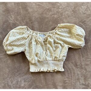 Women's Top Medium Yellow Gingham Peasant Crop Soft-girl Picnic Y2K-vibes Girly
